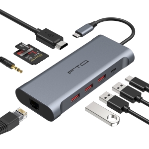 FTQ 9-in-1 USB-C Hub with 4K HDMI, Gigabit Ethernet, 10Gbps USB-A, SD Reader, 3.5mm Audio and 100W PD — FH-0901-01
